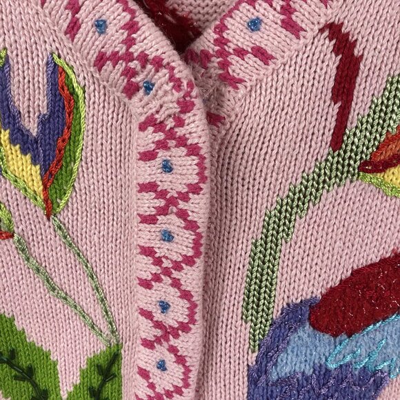 Storybook Sweater Womens 2X Plus Size Pink Parrots Tropical Cardigan Art to Wear - Picture 15 of 16
